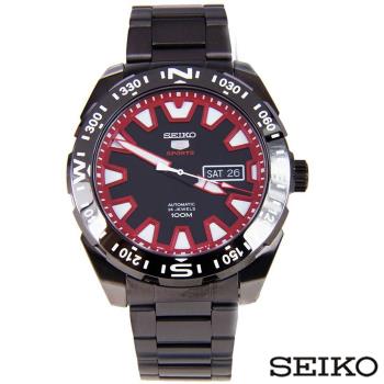 SEIKO精工 精工5夜光自動紅色指針槍黑色不鏽鋼男士錶 SRP749K
