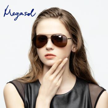 MEGASOL UV400防眩偏光太陽眼鏡時尚中性飛行員款墨鏡(切割角度率性金屬鏡架201901-5色選)