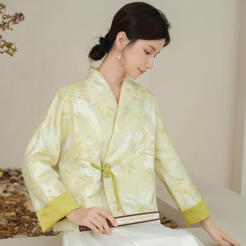 糖潮-玩美衣櫃復古中式黃色盤釦外套上衣女S-L