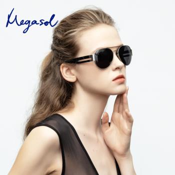 MEGASOL UV400防眩偏光太陽眼鏡時尚中性飛行員款墨鏡(中圓框輕盈塑膠鏡角201918-5色選)