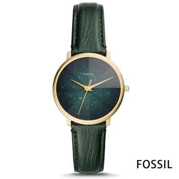 FOSSIL 星彩稜鏡光壓紋皮革石英腕錶(ES4730)-綠/33mm