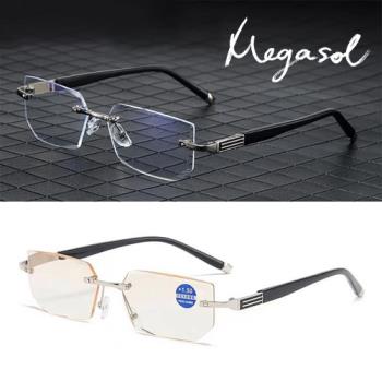 MEGASOL 抗UV400濾藍光時尚男女中性老花眼鏡大框手機眼鏡(經典中性超輕無框 YSL-0603)