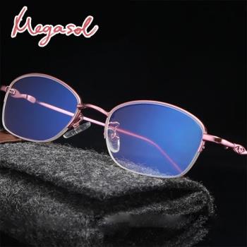 MEGASOL 抗UV400濾藍光時尚女仕中性老花眼鏡大框手機眼鏡(輕巧簡約甜美經典粉流線鏡架JL-8026)