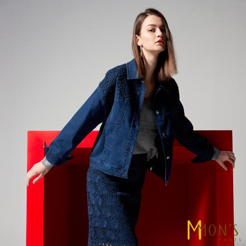 MONS 精緻雙肩蕾絲彈性修身牛仔外套 