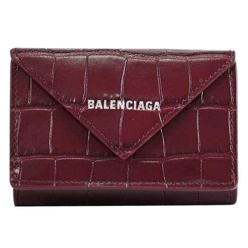 BALENCIAGA 巴黎世家 391446 Papier 鱷魚紋牛皮三折小短夾.酒紅