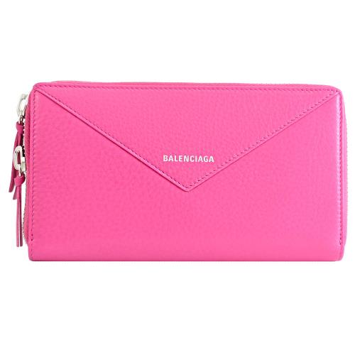 BALENCIAGA 巴黎世家 381226 PAPIER 燙銀LOGO小牛皮拉鍊長夾.桃