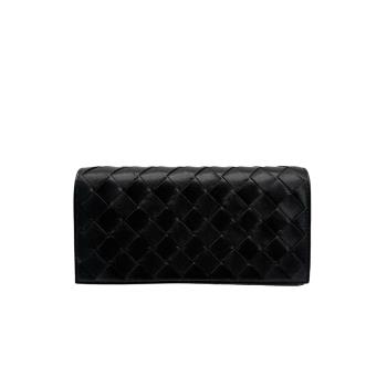 Bottega Veneta 編織羊皮金扣對折長夾(742936-黑)