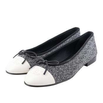 二手商品9.5成新 CHANEL 蝴蝶結拼色娃娃鞋(黑色/白色) 37.5