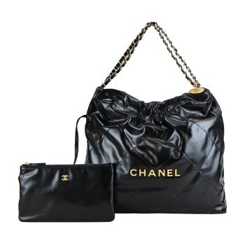 CHANEL 22 It Bag菱格紋縫線亮面小牛皮肩揹包(黑色-AS3261 B08037 94305)