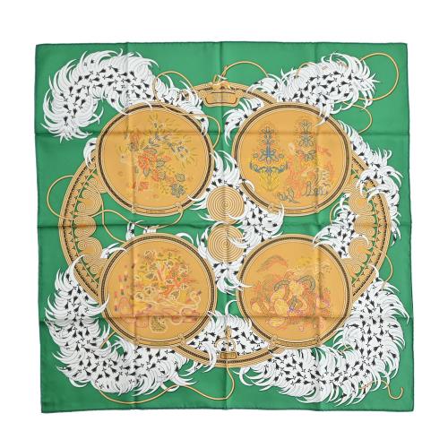 Hermes 愛馬仕 Legende Brodee 90 cm手工捲邊斜紋真絲方巾(祖母綠/金褐/白)