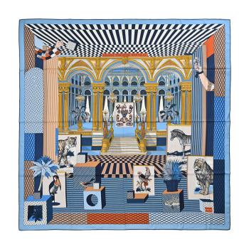 Hermes 愛馬仕 Grand Theatre Nouveau shawl 140 cm手工捲邊喀什米爾與真絲混紡方巾(藍)
