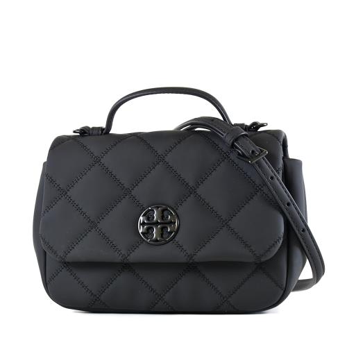 TORY BURCH WILLA 黑色LOGO菱格紋手提/斜背二用包-霧黑/迷你