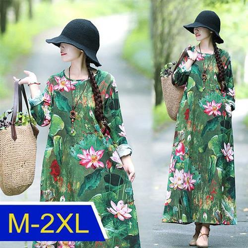 【韓國K.W.】正韓保暖完美印花棉麻洋裝(中長裙/長袖洋裝/秋裝/新品)