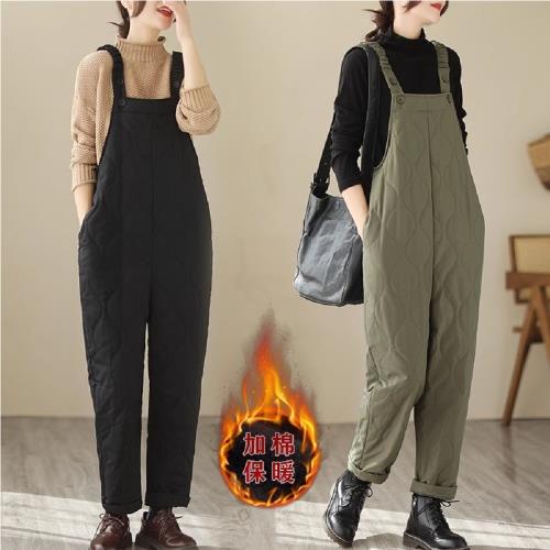 【YOUNGBABY中大尺碼女裝】俏皮波浪車線夾棉口袋保暖吊帶褲．共2色 