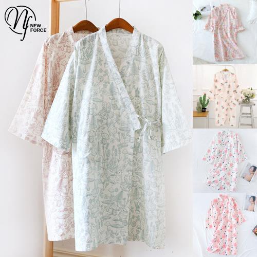 NEW FORCE 任選-和風日系寬版棉紗長袖睡袍-6色可選