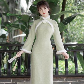 糖潮-玩美衣櫃復古加絨旗袍中國風綠色連身裙M-3XL