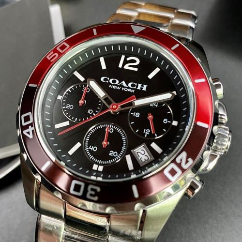 COACH 蔻馳男錶 44mm 紅黑色圓形精鋼錶殼 黑色三眼, 時分秒中三針顯示, 水鬼錶面款 CH00062