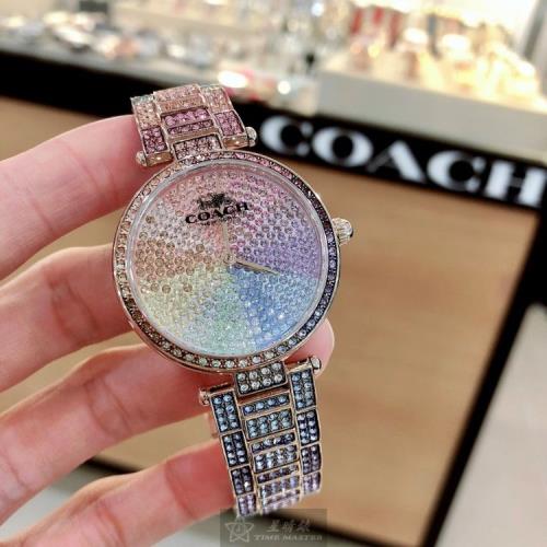 COACH 蔻馳女錶 34mm 玫瑰金圓形精鋼錶殼 彩虹圈時分中二針顯示, 滿天星鑽圈錶面款 CH00059