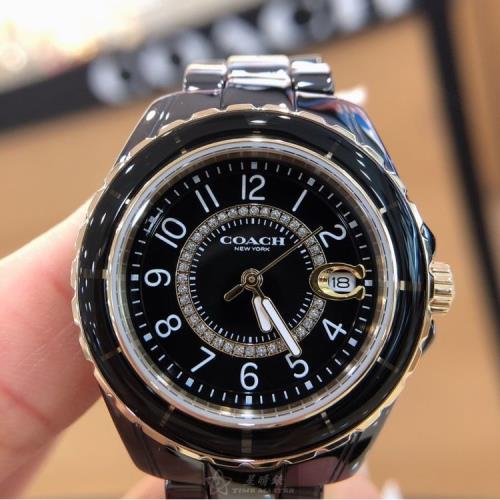 COACH 蔻馳女錶 34mm 黑圓形陶瓷錶殼 黑色簡約, 時分秒中三針顯示, 陶瓷款, 鑽圈設計錶面款 CH00056