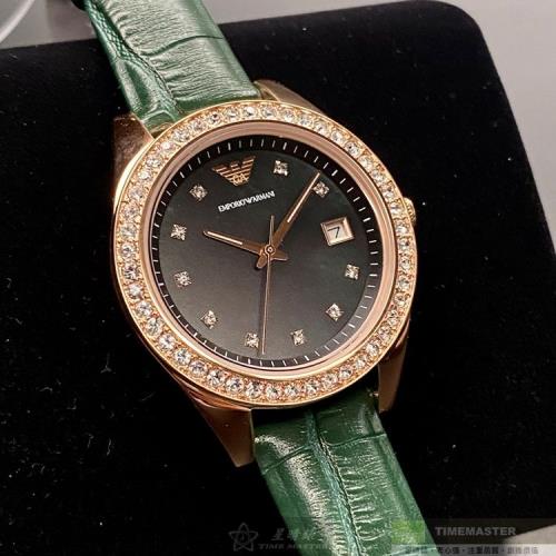ARMANI 阿曼尼女錶 36mm 玫瑰金圓形精鋼錶殼 墨綠色中三針顯示, 貝母錶面款 AR00027