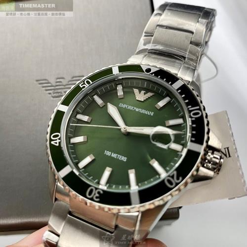 ARMANI手錶, 男錶 42mm 銀綠色圓形精鋼錶殼 墨綠色潛水錶, 水鬼錶面款 AR00011