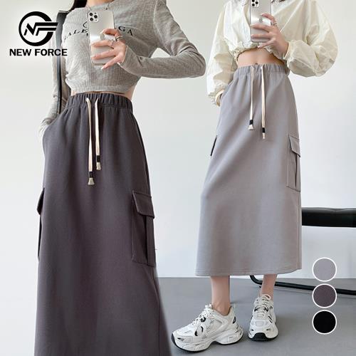 NEW FORCE 綁帶A字修身開衩工裝長裙-3色可選