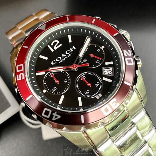 COACH手錶, 男錶 44mm 紅黑色圓形精鋼錶殼 黑色三眼, 時分秒中三針顯示, 水鬼錶面款 CH00062