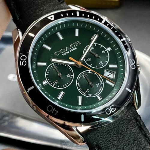 COACH手錶, 男錶 42mm 銀黑圓形精鋼錶殼 墨綠色三眼, 運動錶面款 CH00123