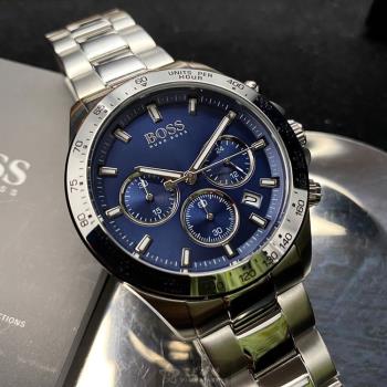BOSS手錶, 男錶 42mm 銀圓形精鋼錶殼 寶藍色三眼, 時分秒中三針顯示, 運動, 精密刻度錶面款 HB1513755
