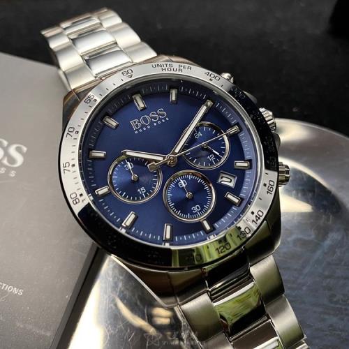 BOSS手錶, 男錶 42mm 銀圓形精鋼錶殼 寶藍色三眼, 時分秒中三針顯示, 運動, 精密刻度錶面款 HB1513755