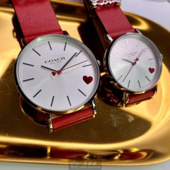 COACH手錶, 男女通用錶 36mm 銀圓形精鋼錶殼 白色簡約, 中三針顯示, 紅心錶面款 CH00080