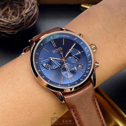 BOSS手錶, 男女通用錶 44mm 玫瑰金圓形精鋼錶殼 寶藍色三眼錶面款 HB1513604