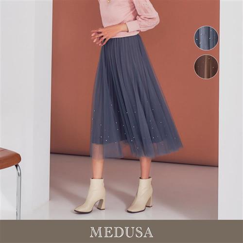 現貨【MEDUSA 曼度莎】Icare 浪漫珍珠裝飾網紗裙 - 2色（F）｜裙子 紗裙 中長裙 鬆緊腰頭
