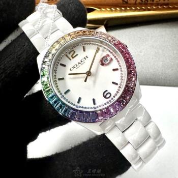 COACH手錶, 女錶 38mm 白圓形陶瓷錶殼 白色中三針顯示, 鑽圈錶面款 CH00167