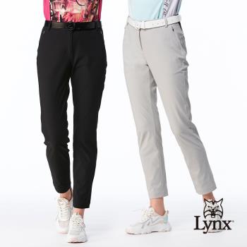 【Lynx Golf】女款磨毛日本進口布料彈性舒適褲耳造型隱形拉鍊口袋設計窄管九分褲(二色)
