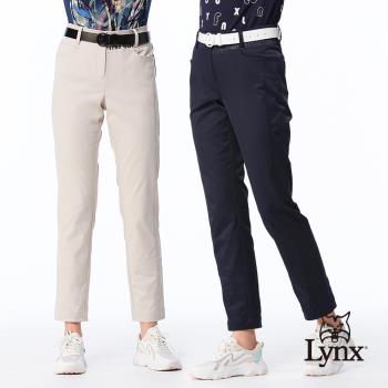 【Lynx Golf】女款日本進口布料彈性吸排速乾脇邊剪裁貓頭繡花造型口袋窄管長褲(二色)