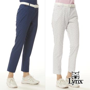 【Lynx Golf】女款彈性舒適滿版方塊印花精美夾標Lynx草寫繡花造型窄管九分褲(二色)
