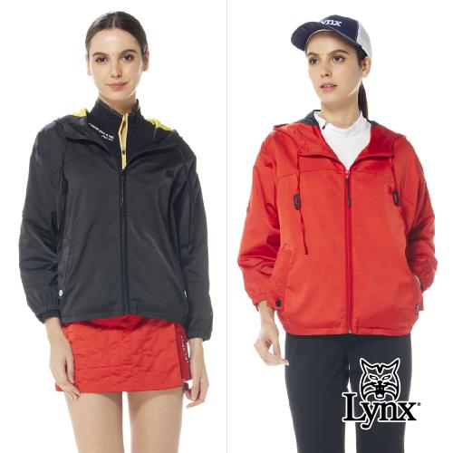 【Lynx Golf】首爾高桿風格！女款防潑水保暖織帶配布剪裁D型環設計拉鍊口袋長袖連帽外套(二色)-慈濟