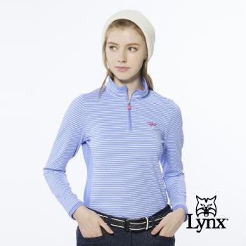 【Lynx Golf】女款合身版造型袖口內刷毛網眼材質條紋款式長袖立領繡花POLO衫(二色)