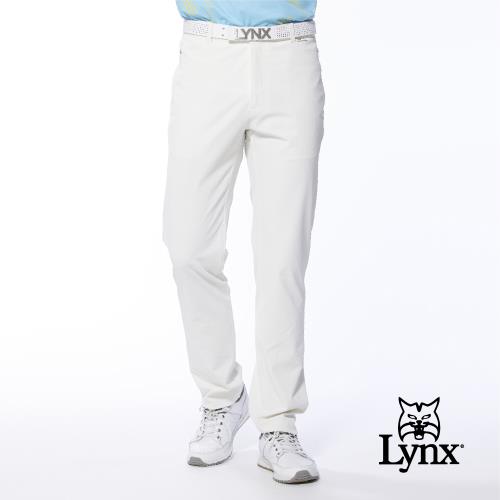 【Lynx Golf】男款日本進口布料拉鍊口袋設計後袋配布剪接平口休閒長褲(三色)