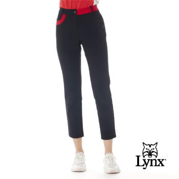 【Lynx Golf】首爾高桿風格！女款彈性舒適腰圍剪接D型環設計前袋配色窄管九分褲-黑色