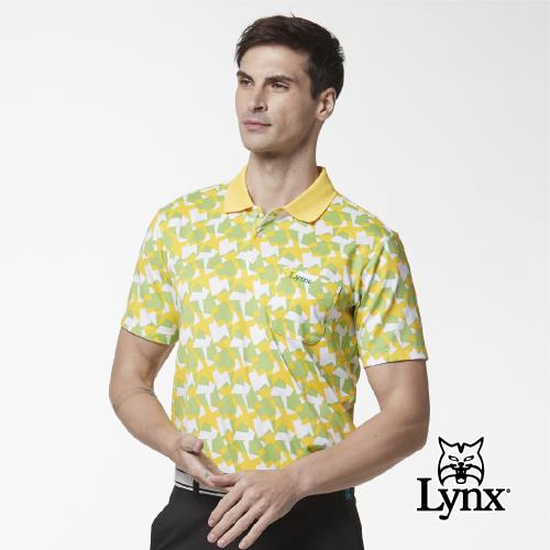 【Lynx Golf】男款吸濕排汗羅紋領滿版大千鳥紋印花胸袋款短袖POLO衫-黃色