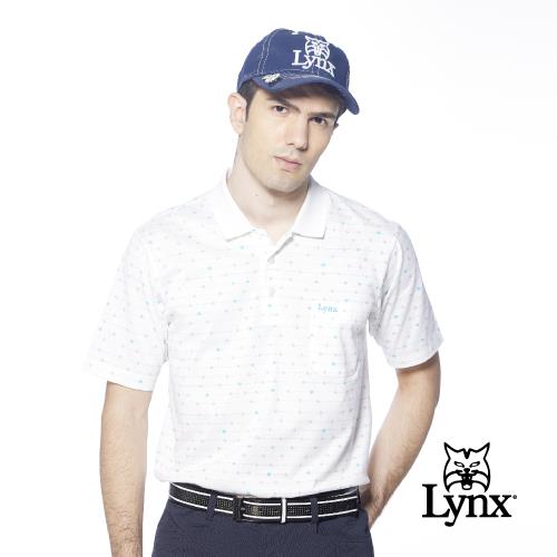 【Lynx Golf】男款雙絲光純棉羅紋領條紋滿版小山貓印花胸袋款短袖POLO衫/高爾夫球衫(二色)