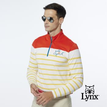 【Lynx Golf】男款合身版內刷毛保暖網眼材質百搭橫條款長袖立領POLO衫(二色)