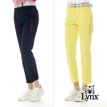 【Lynx Golf】女款彈性舒適純棉可放TEE設計後腰剪接LOGO織帶窄管九分褲(二色)