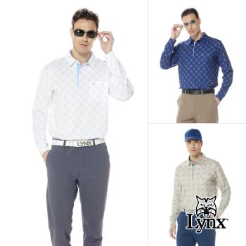 【Lynx Golf】男款網眼材質內刷毛保暖菱型英文印花胸袋款長袖POLO衫(三色)