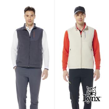 【Lynx Golf】男款防潑水保暖刷毛異材質剪裁拉鍊胸袋款繡花設計無袖背心(二色)