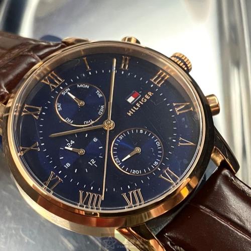 TommyHilfiger 湯米希爾費格男女通用錶 44mm 玫瑰金圓形精鋼錶殼 寶藍色簡約, 三眼, 羅馬數字錶面款 TH00009
