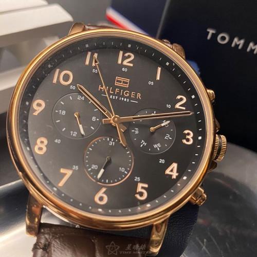 TommyHilfiger 湯米希爾費格男女通用錶 44mm 玫瑰金圓形精鋼錶殼 黑色簡約, 三眼錶面款 TH00003