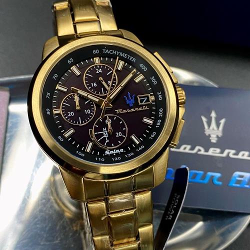 MASERATI手錶, 男錶 44mm 金色圓形精鋼錶殼 黑色三眼, 中三針顯示, 運動錶面款 R8873645002